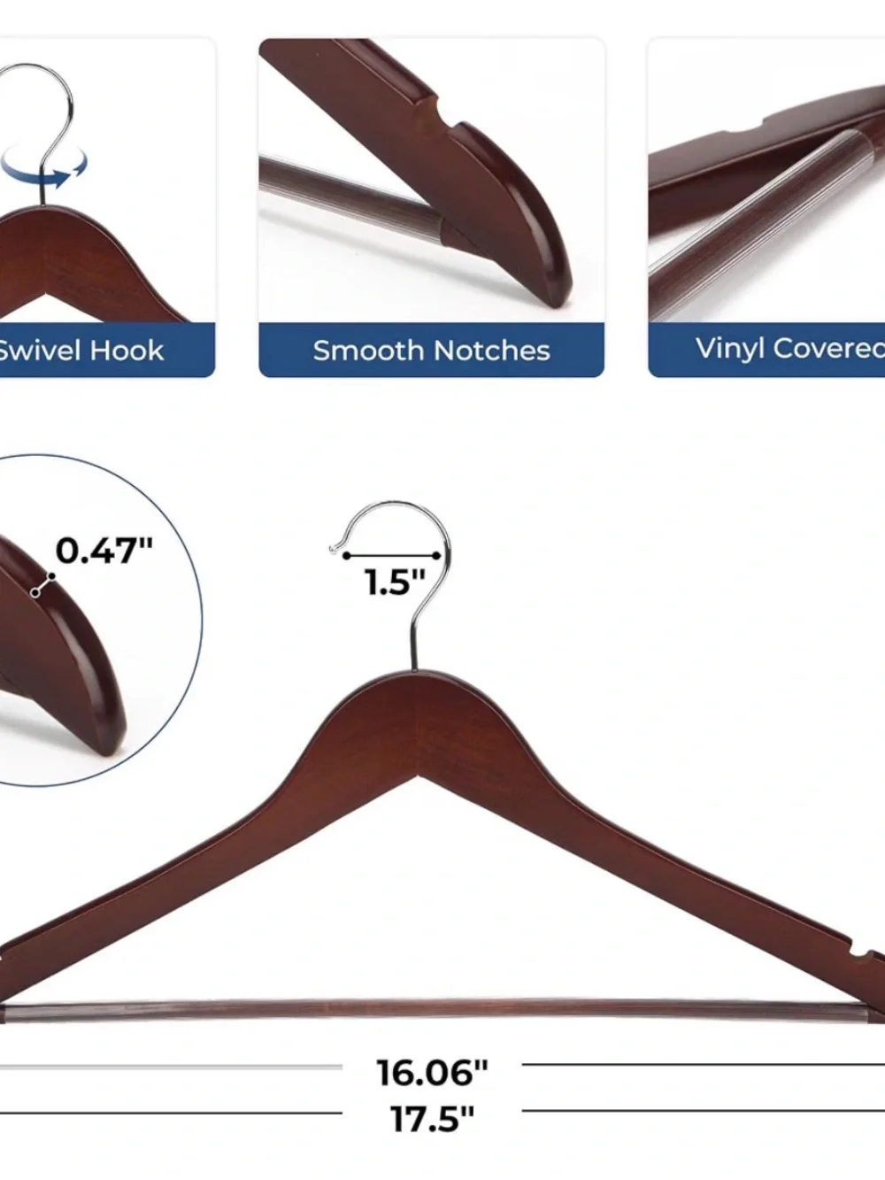 Pack of 20 Natural Wooden 17.5” Hangers • Walnut Finish